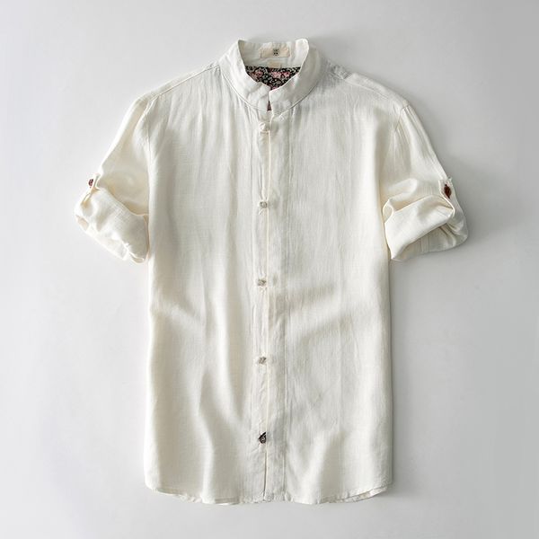 

2020 linen shirt men casual short sleeve s-5xl size white turn down collar man summer hawaii vacation men shirt stand collar, White;black