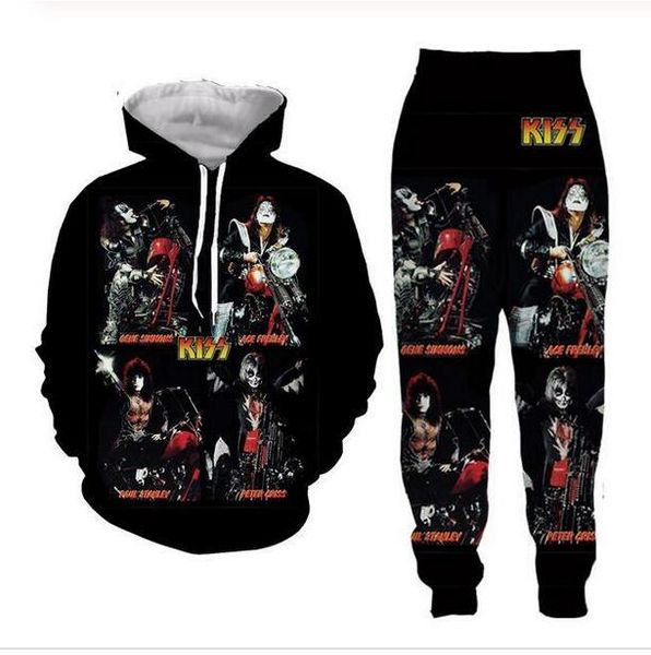 

new men/womens kiss band funny 3d print fashion tracksuits crewneck hip hop sweatshirt and pants 2 pcs set hoodies tz10, Gray
