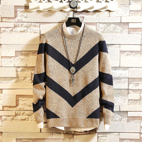 

winter men's thick round neck sweater, trend casual striped pullover ,men's stretch warm slim bottoming shirt s-3xl, White;black