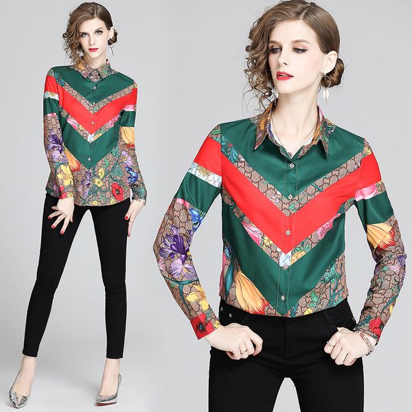 

luxury floral women's runway shirts plus size women's fashion lantern sleeve ladies printed blouses slim elegant office designer s, White