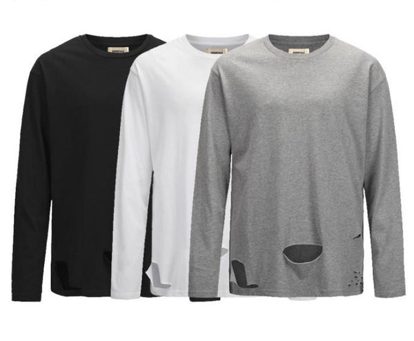 

mens designer t shirts high street fog essentials fashion brand cotton long-sleeved hole ripped t-shirt casual clothes s-xl, White;black