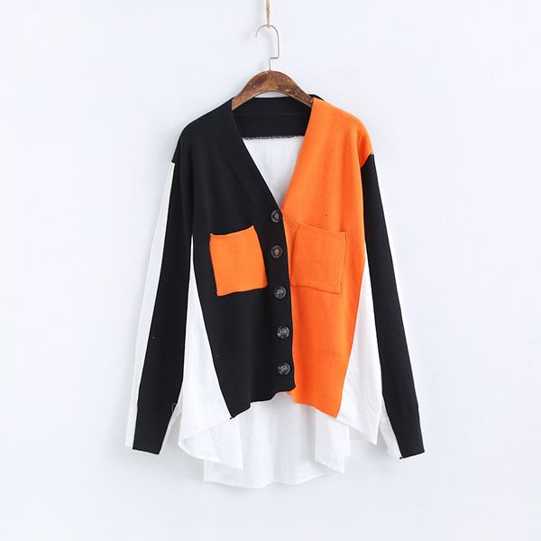 

ewq] 2019 autumn winter v-collar long sleeve hit colors knitting single breasted casual knitting shirt women ah823, White