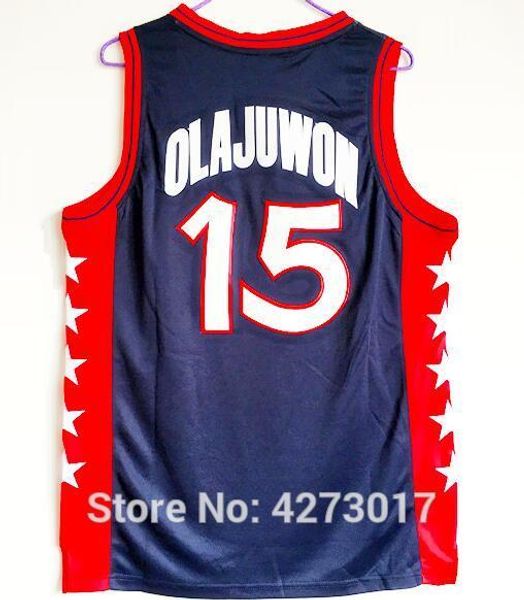 

retro basketball jersey 1996 basketball team olajuwon #15 retro stitched white shirts ncaa, Black;blue