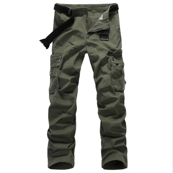 

men workout style multi pocket cargo pants combat casual cotton loose long straight trousers, Black