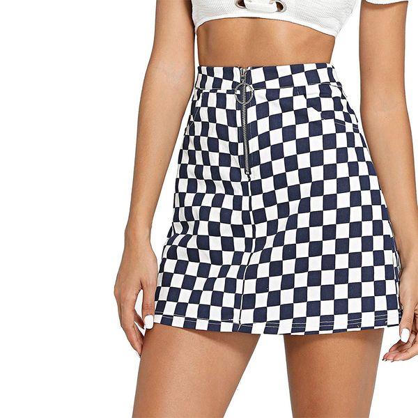 

skirts for women mini skirt plaid mini women skirts ring zip up plaid skirts casual a line party 2019 new femme vestidos, Black