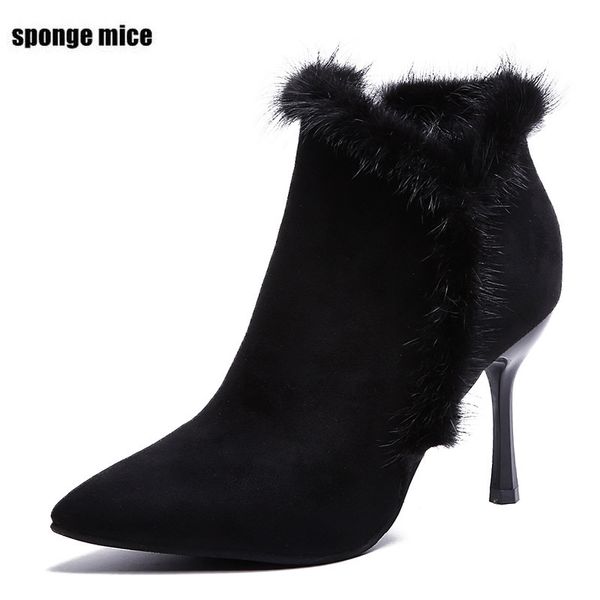 

autumn winter new fashion suede pointed high-heeled boots side zipper color matching wedding shoes plus velvet women's boots q-2, Black