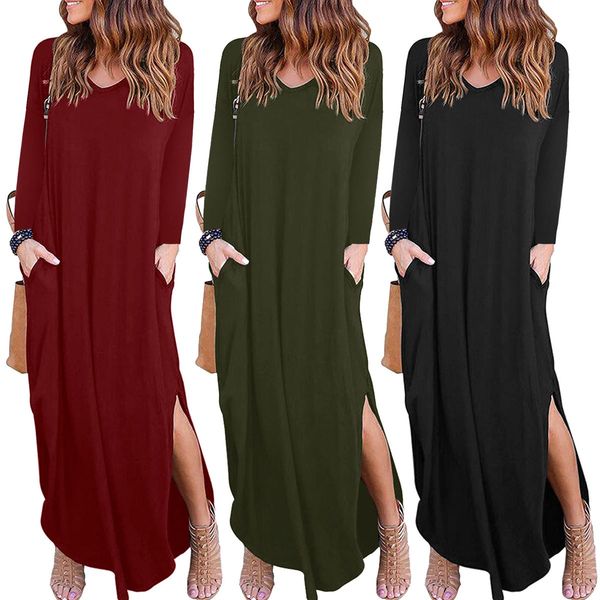 

bofute new autumn women's clothing loose long sleeve v-neck split dresses wq001, Black;gray