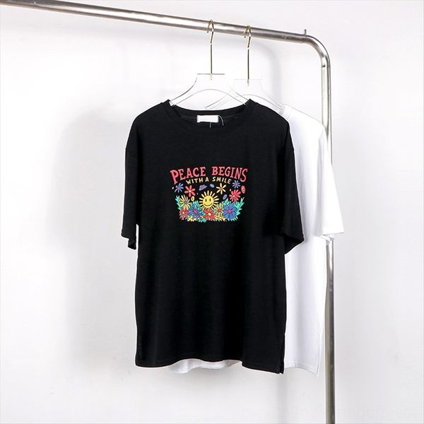 

with enjun] a512 personalized letter printing round collar short sleeve cotton t-shirt women's loose pullover pullover slim top, White