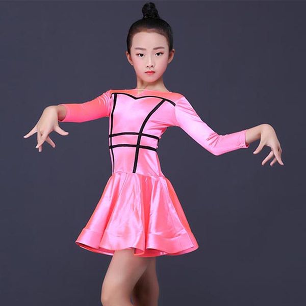 

2019 latin dress girls pink long sleeve kids latin dance competition dresses rumba cha cha samba clothes performance wear dn3085, Black;red
