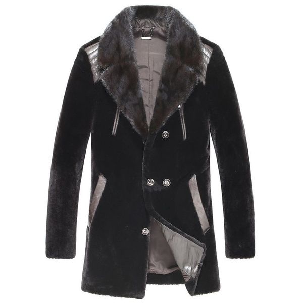 

luxury male men 100% guaranteed real mink hair collar coat thick merino sheepskin jacket fur wool genuine leather suede clothing, Black