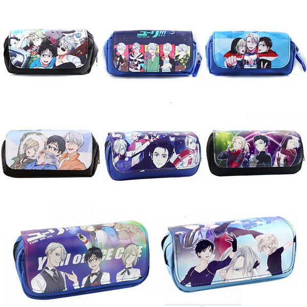 

anime yuri on ice pencil case pu nylon function double-deck zipper renovate wallet stationery bag stationery case