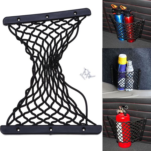 

possbay 1 pcs black auto car back rear trunk organizer seat elastic string net mesh storage bag pocket with screws