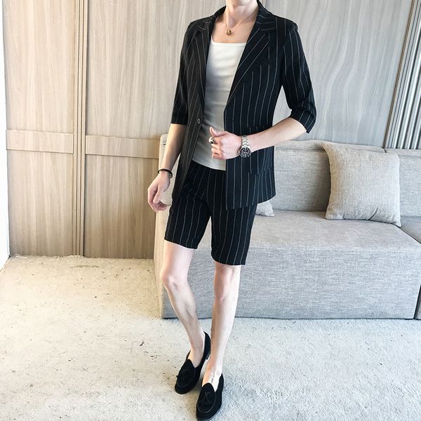 

summer fashion new striped suit men (shorts + jacket) slim suit men's casual size m-2xl white and black, White;black