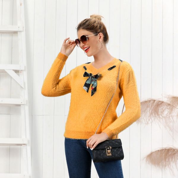 

женский мода v-образный вырез с длинным рукавом осенью свитера женских сладкого лука пуловер перемычка вязаный свитер 2020, White;black