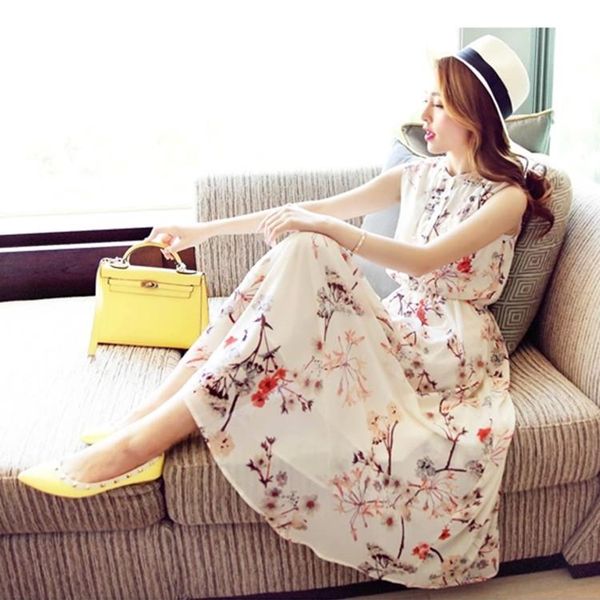 

лето женщины шифон пляж платье elegant женщин моды printe платья тонкий платье без рукавов плюс размер s-3xl платье vestidos, Black;gray