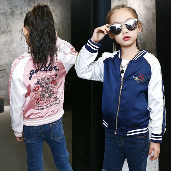 

girl's bomber jacket new spring autumn embroidered baseball jacket children kids outerwear outfits windbreaker coat, Blue;gray