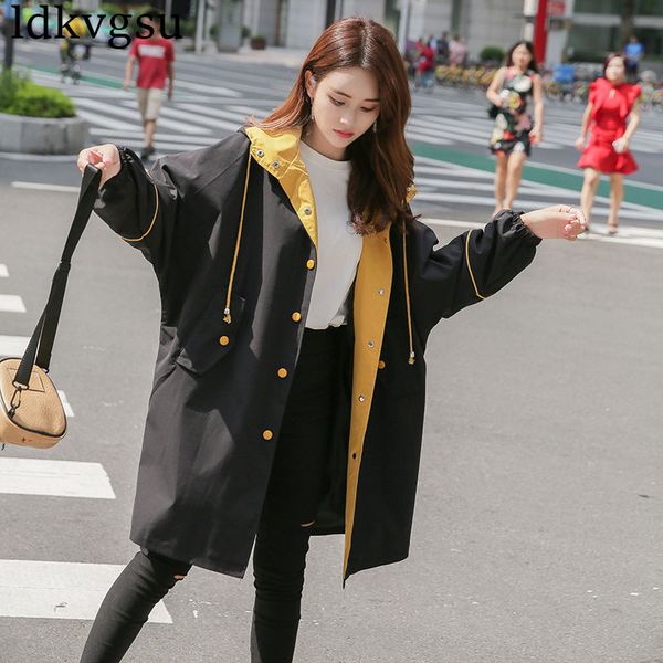 

2019 new chic winter windbreaker female long section spring autumn korean bf hooded loose cotton jacket outerwear for girls v244, Tan;black