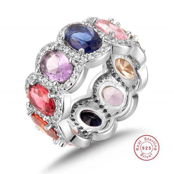 

brand 925 silver pave cushion cut multicolor gemstone ring for women eternity band engagement wedding rings finger, Slivery;golden