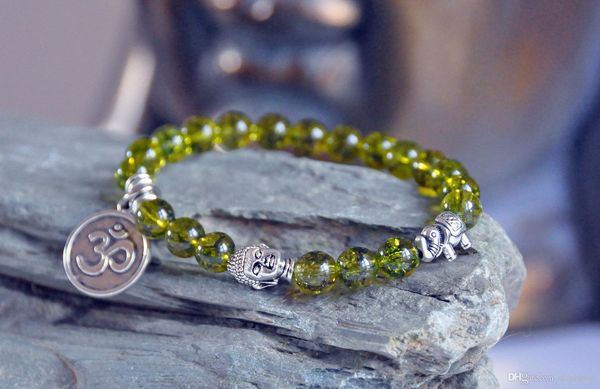 SN0193 Olivine Peridot Bracciale Lotus Buddha Bracciale Heart Chakra guarigione Lucky Elephant OM braccialetto mala perline preghiera