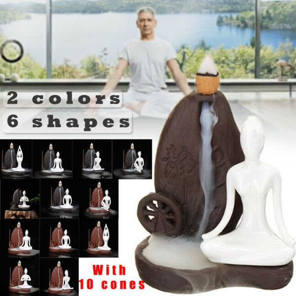 

buddhist ceramic incense burner holder cone & stick holder smoke backflow censer