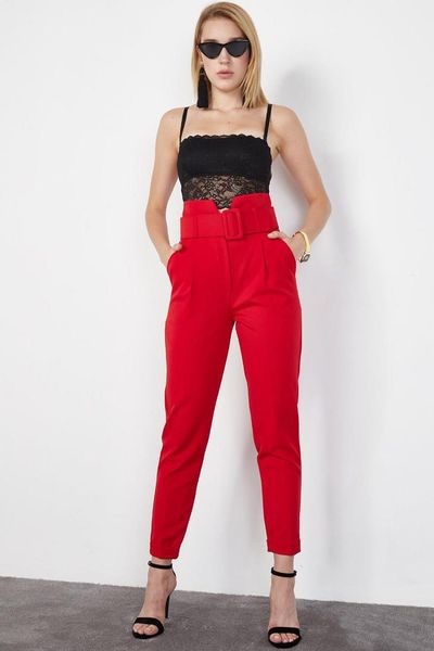 

women's red arched high bel pants, Black;white