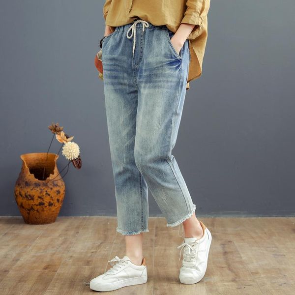 

girls women jeans elastic wasit streetwear casual denim harem pants loose washed vintage jean femme