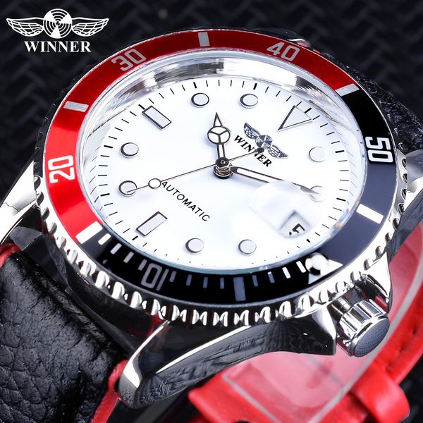 

winner 2018 fashion white red sport watches calendar display automatic watches for men luminous hands genuine leather, Slivery;brown