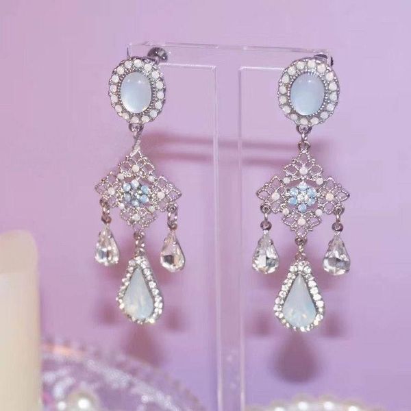 

mengjiqiao new baroque style opal stone water drop crystal tassel earrings for women vintage statement flower long pendientes, Silver