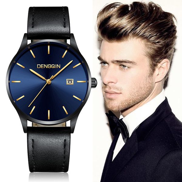 

man watch casual stainless steel case leather band quartz analog date wrist relojes para hombre watches mens 2019 erkek saat, Slivery;brown