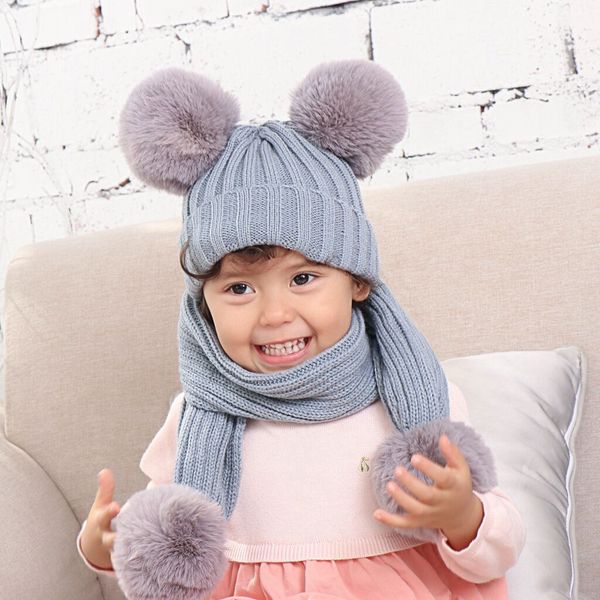 

cute kids baby pompon knit hat super big fur ball beanies caps scarf set winter warm crochet hat soft infant scarf fashion design, Yellow