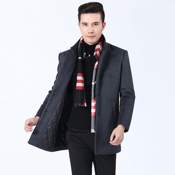 

2018 new autumn and winter high-grade men's coat business casual woolen coat wool jacket windbreaker overcoat solid color slim, Black