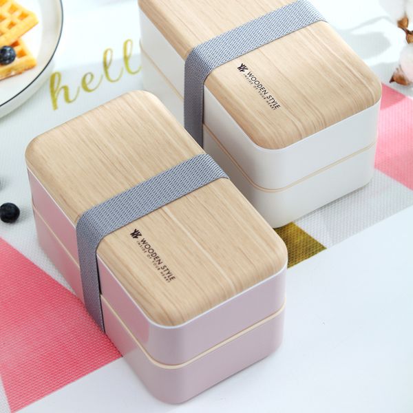 

wood textured double layer plastic lunch box ins with tableware seperated lunch box manufacturers direct selling students, Blue;pink