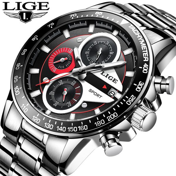 

lige men's watches fashion quartz sport watch men business full steel clock waterproof watch relojes hombre+box, Slivery;brown