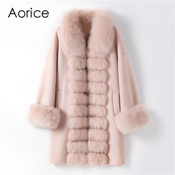 

women's fur & faux aorice women size genuine wool coat real collar winter female lady buckle jacket overcoat cloth tx205605, Black