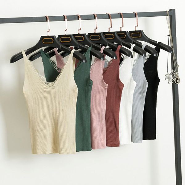 

women summer vest strappy lace knitwear v neck sleeveless slim fit braces female ks-shipping, Black;white