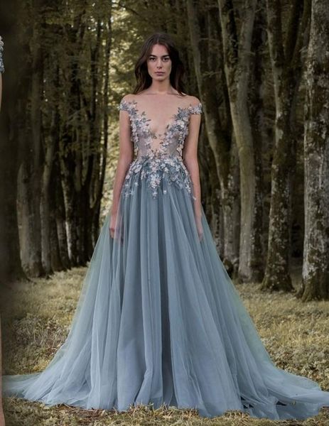 

Paolo Sebastian Prom Dresses 3D-Floral Appliques Short Sleeve Lace Evening Gowns Wear Sheer Neck Flower Vintage Long Formal Party Dresses