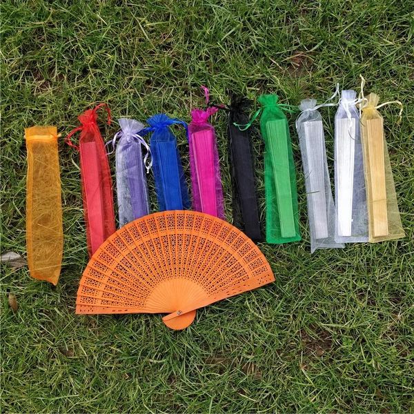 sândalo costume leques presentes de casamento festa de aniversário aniversário favorece sorteio com saco de organza atacado 50pcs transporte muito livre