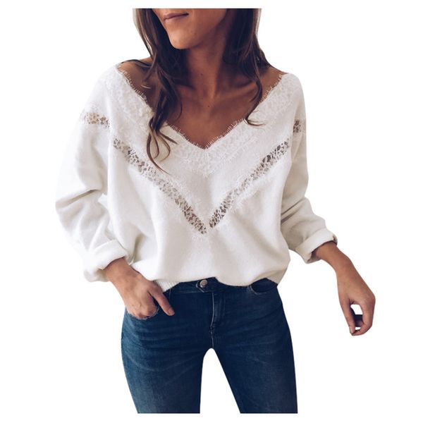 

womens and blouses fashion winter long sleeve v neck lace slim pullover loose blouse camisas mujer selling #yl10, White;black