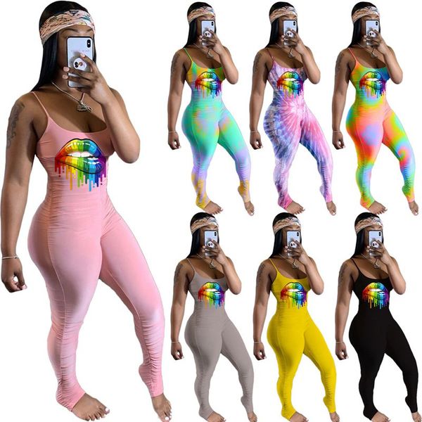 

zkyzwx lips print stacked leggings pants jumpsuit womens new summer one piece club outfit spaghetti strap bodycon rompers, Black;white