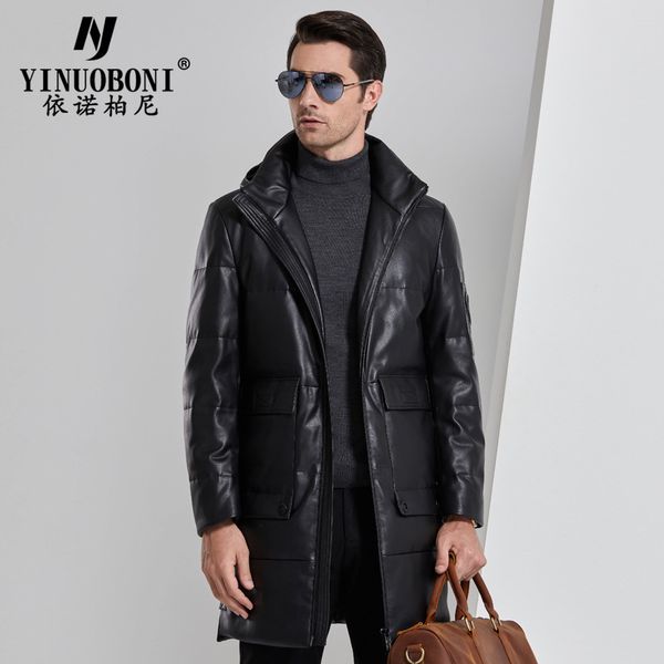 

enoboni hooded ecological leather down jacket for men medium length 2020 winter men's casual down leather, Black