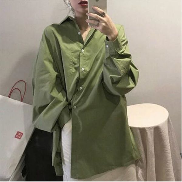 

fahion blouse shirt women long sleeve green color single breasted loose harajuku korean ulzzang tee shirt femme robe n242, White