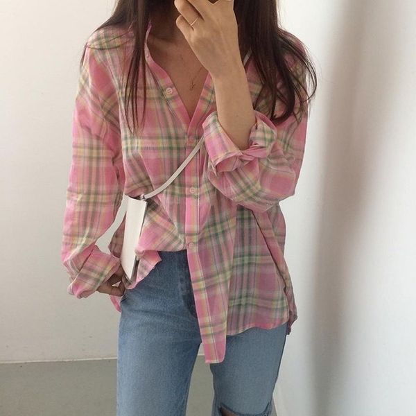 

20 spring new popular models long-sleeved shirt light sunscreen shirt women women blouses shirts plaid, White