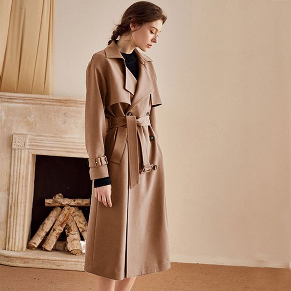 

women long coat casual turn-down collar adjustable waist trench coat 2020 spring new fashion women clothing plus size slim, Tan;black