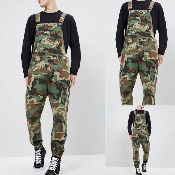 

2019 autumn fashion jumpsuit camouflage denim bib jeans slim pencil overalls casual pockets suspender trousers men straps pants, Blue