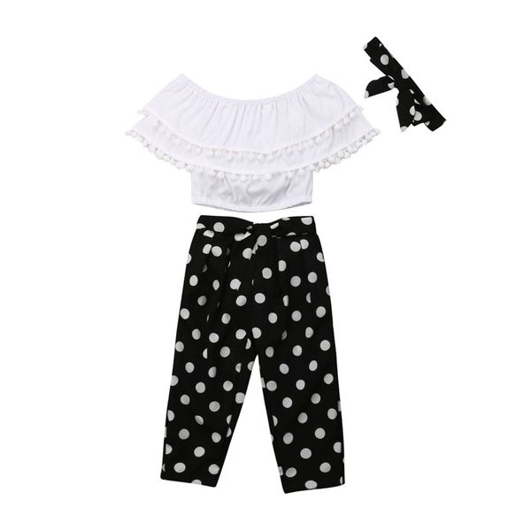 

kids baby girl clothes sleeveless solid ruffle off-shoulder t-shirts polka dot trousers bow geometry headband 3pc chiffon outfit, White