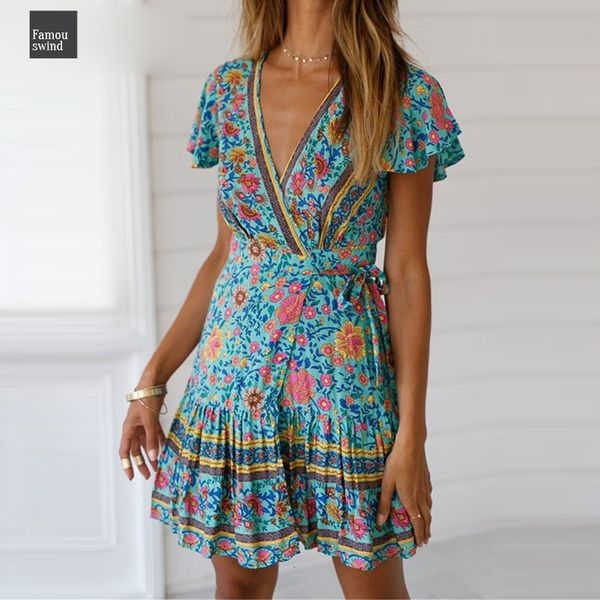 

boho цветочные печати летнее платье женщины высокой талией узелок линия 2019 платье v образным вырезом с коротким рукавом мини-бич, Black;gray