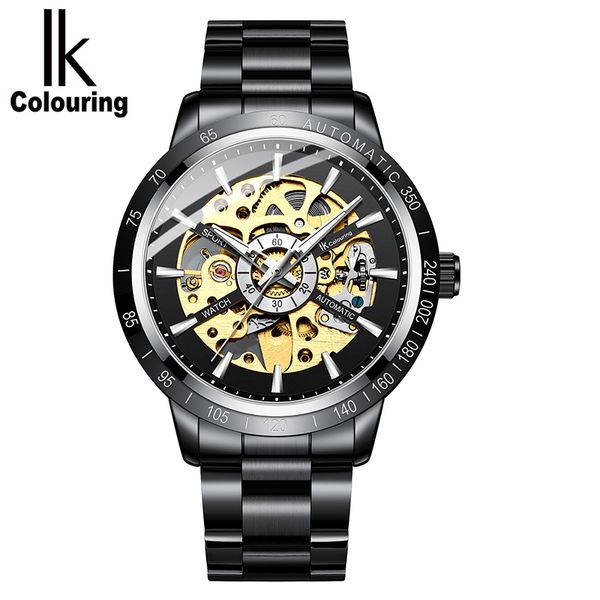 

ik colouring watch men skeleton automatic mechanical watches stainless steel wristwatch relogio masculino gift, Slivery;brown