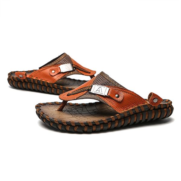 

non-slip 2020 fashion men's flip flops genuine leather slippers beach casual sandals summer for men shoes big size 48, Black