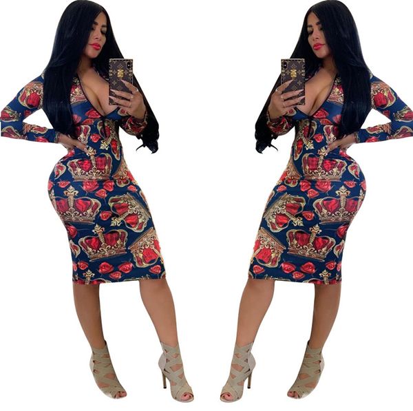 

luxury women designer dresses fashion rose pattern printed zipper v neck long sleeve bodycon dresses womens club and party dresses, White;black