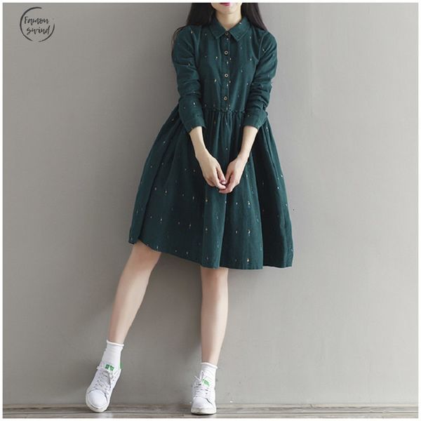 

full dress women 2019 loose autumn turn down collar vintage sleeve casual vestidos femininos corduroy green lady dress designer clothes, Black;gray